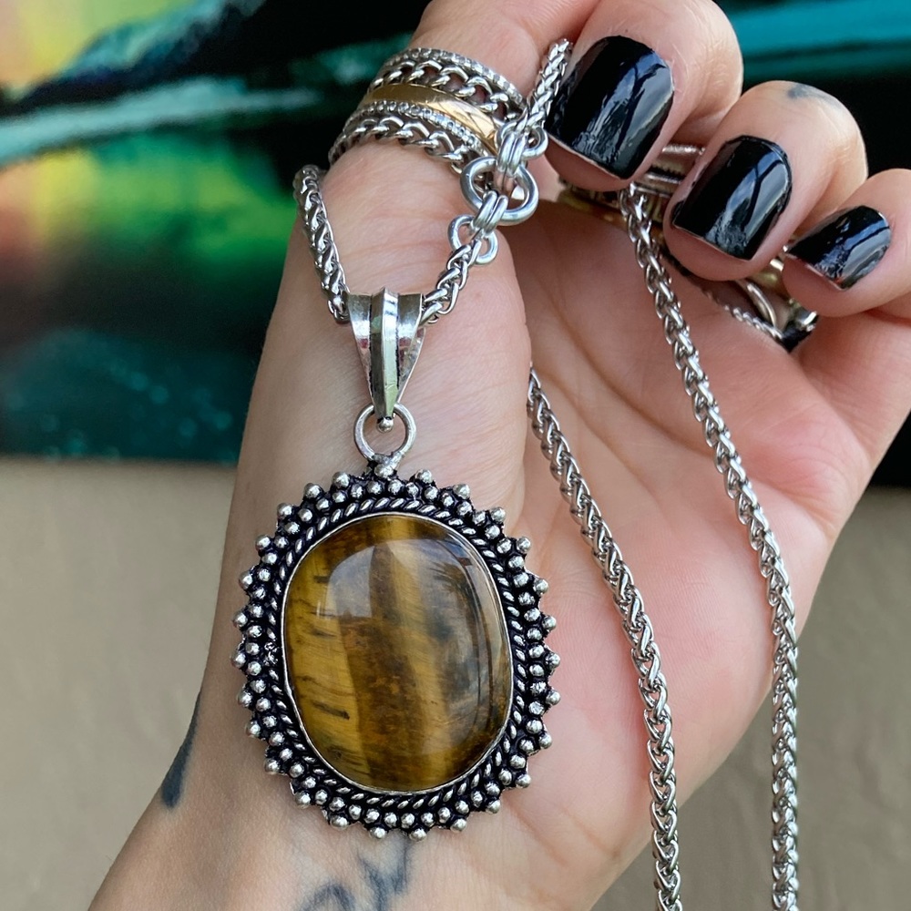 925 Sterling silver overlay golden brown tiger eye gemstone steel boho necklace - Picture 13 of 13